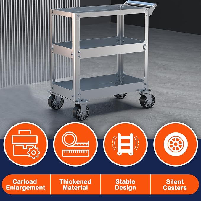 DDJ Stainless Steel Utility Cart on Wheels, 3-Tier 1100 lbs Heavy Duty Tool Cart - Image 4