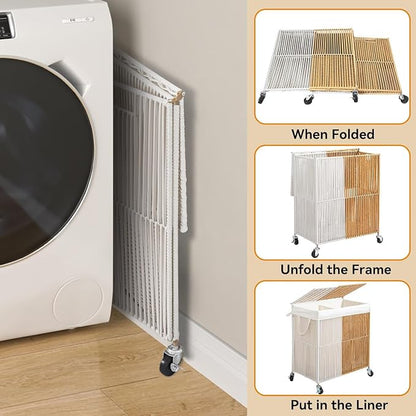 WOWLIVE Laundry Hamper with Wheels, Handwoven Rolling Laundry Basket with Lid - Image 7