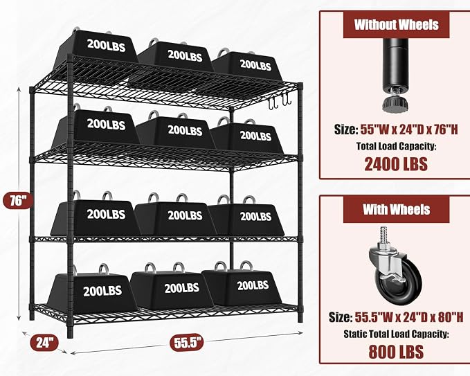 PrimeZone 5 Packs 55.5" W x 24" D x 80" H Heavy Duty Wire Storage Shelves - Image 3