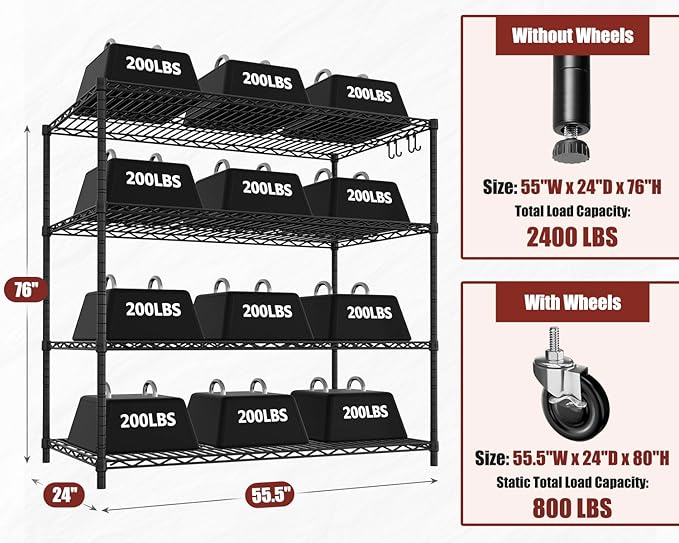PrimeZone 3 Packs 55.5" W x 24" D x 80" H Heavy Duty Wire Storage Shelves - Image 3