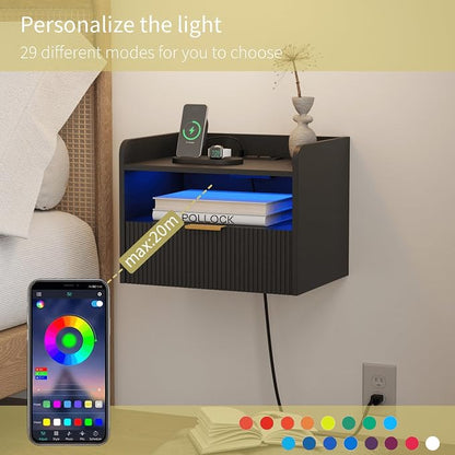 White Floating Nightstand with Charging Station and LED Lights - Image 4