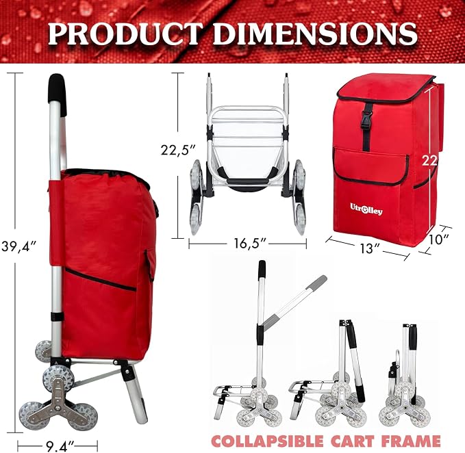 Ultra-Lightweight Foldable Stair-Climbing Red Shopping Cart - 42L Capacity - Image 2