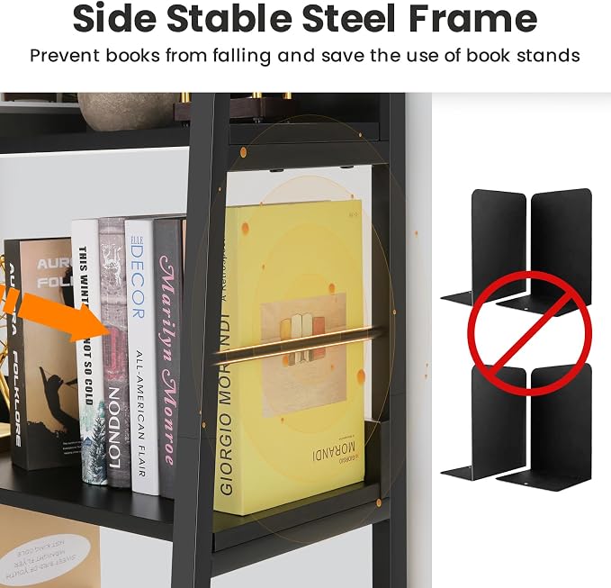 Himimi Black Ladder Bookshelf, 5 Shelf Bookcase Industrial Bookshelf Wood and - Image 6