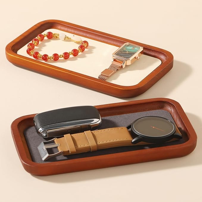 Wooden Jewelry Display Tray Rounded Rectangle Ring Showcase Stackable Elegant - Image 2