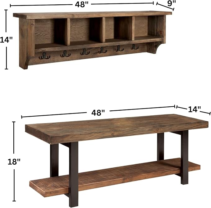Pomona Solid Wood Entryway Bench and Coat Rack Set, Rustic Brown, 48 Inch | - Image 2