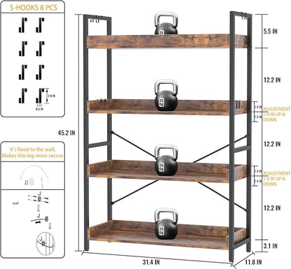 HCHQHS 4 Tier Bookshelf, Adjustable Industrial Bookcase, Vertical Tall Book - Image 4