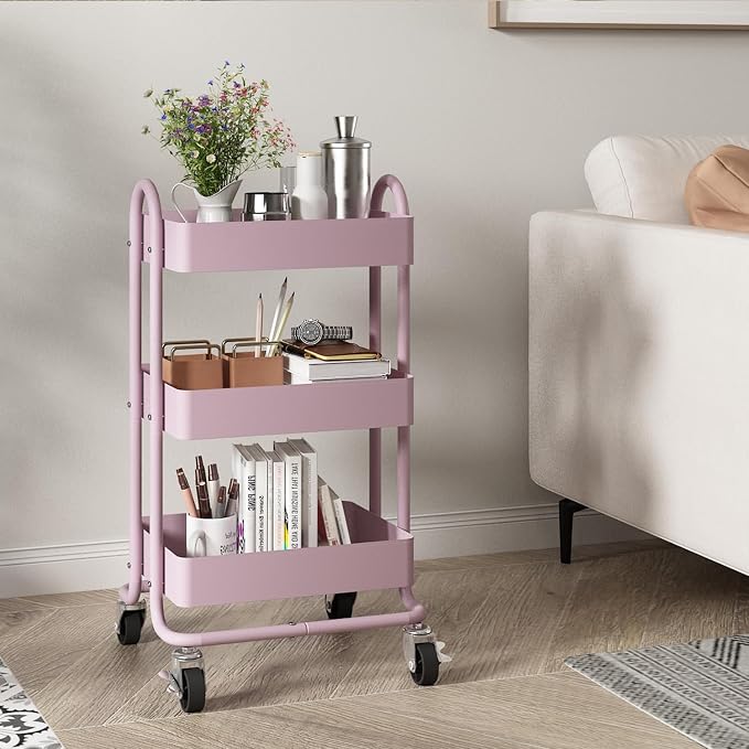 Metal Rolling Cart, 3-Tier Pink Rolling Cart - Image 7
