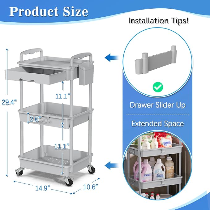 SUNALLY 3 Tier Rolling Cart - Image 2