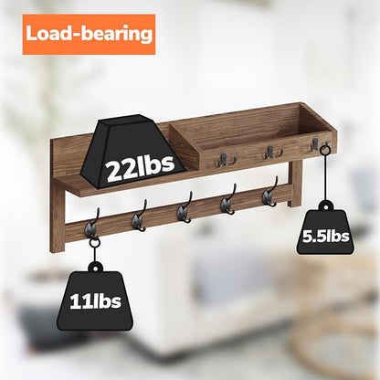 AMBIRD Wall Hooks with Shelf 26.57inch Entryway Wall Hanging Shelf Wood Coat - Image 5