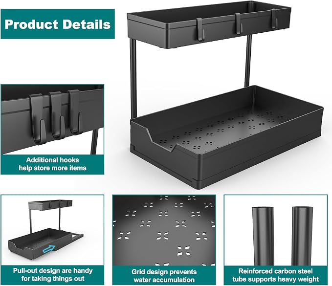 NATURE'S SOURCE 2 Pack Under Sink Organizer 2 Tier Sliding Cabinet Organizers - Image 4