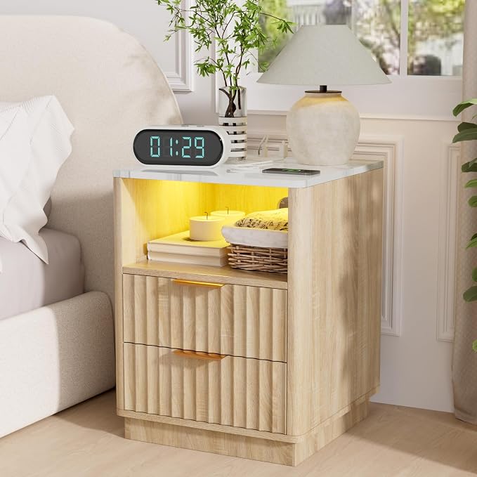 VOWNER Fluted Nightstand with Charging Station, 18” Night Stand with 2 Drawers - Image 7