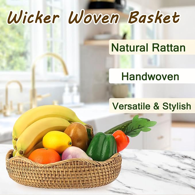 Hipiwe Natural Rattan Tray Wicker Storage Bowls Hand Woven Basket Tray - Image 2