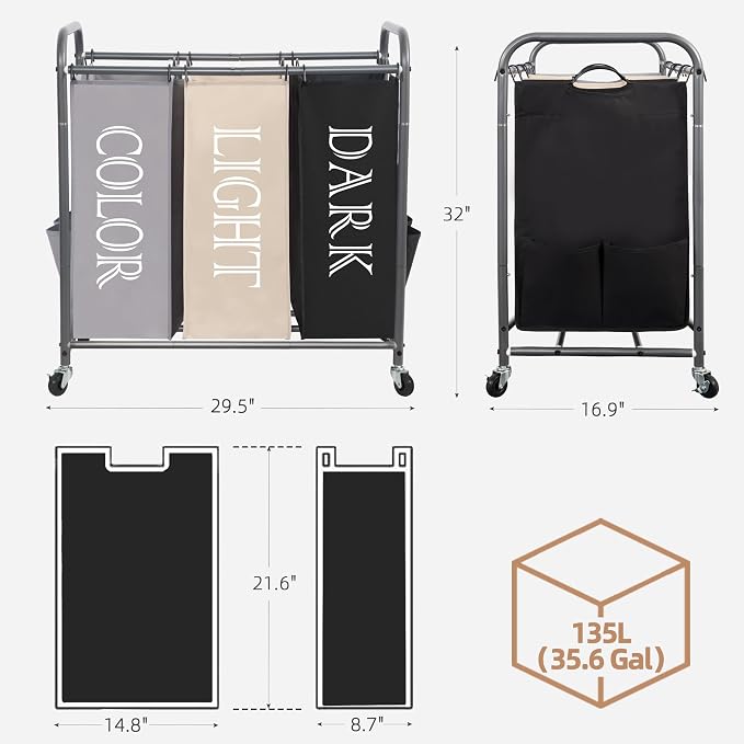 STORAGE MANIAC 3 Section Laundry Sorter, 35.9 Gal Laundry Hamper Cart - Image 3