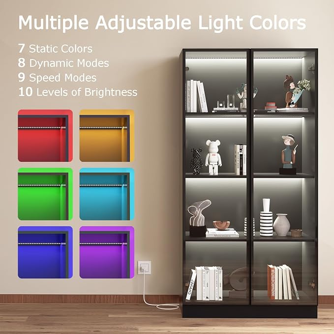 Glass Display Cabinet with LED Lights Set of 2, Display Case Bookcase with - Image 5