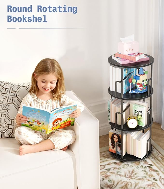 3 Tier Rotating Bookshelf Tower Round Black, 37”Floor Standing Spinning - Image 7