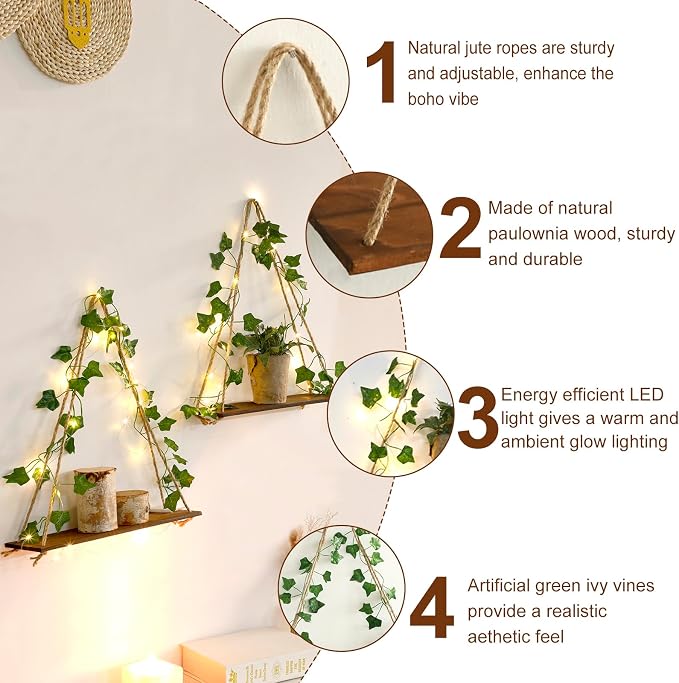 Artilady 2 Pack Artificial Ivy Wall Hanging Shelves Boho Floating Shelves Wall - Image 4