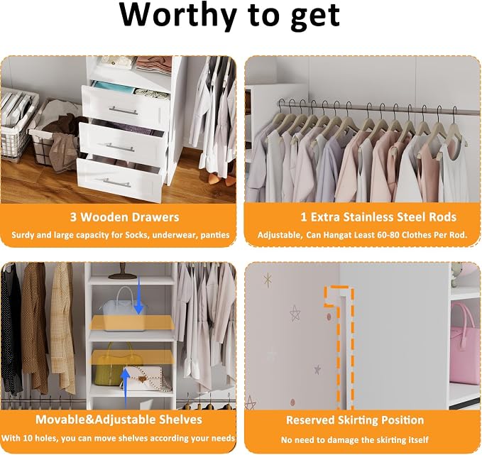Closet System with 3 Drawers and Shelves, secilix 81" Wood Closet Organizer - Image 4