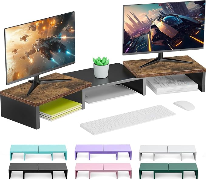 Dual Monitor Stand for Desk, Wooden Monitor Riser, Desk Shelf for Top of Desk by OUTIOE