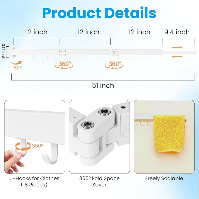 Clothes Drying Rack Wall Mounted, Retractable Collapsible Space Saver - Image 3