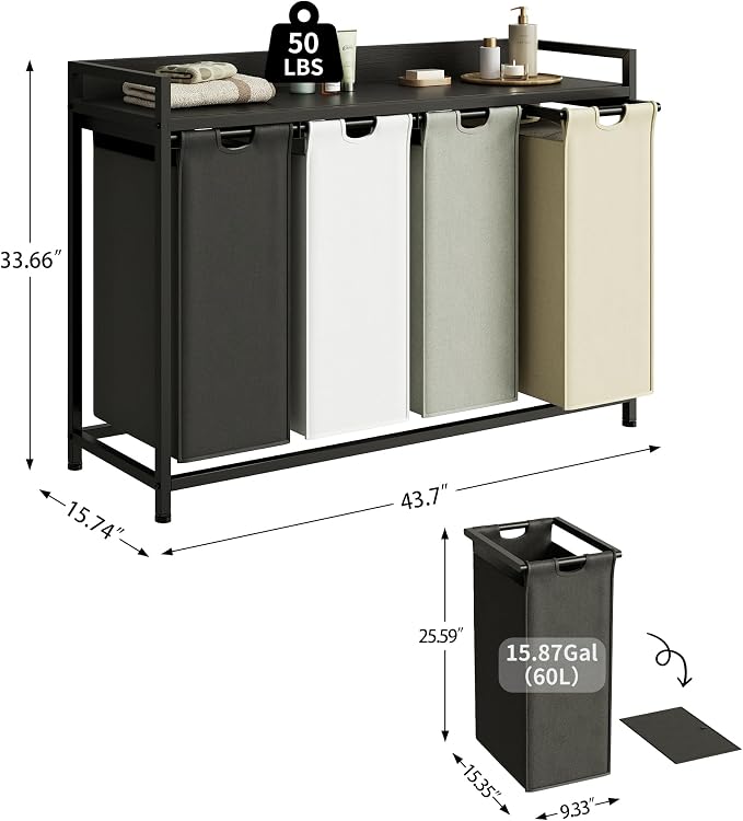 Laundry Hamper with Shelf, Laundry Basket 4 Section, Laundry Sorter with - Image 4