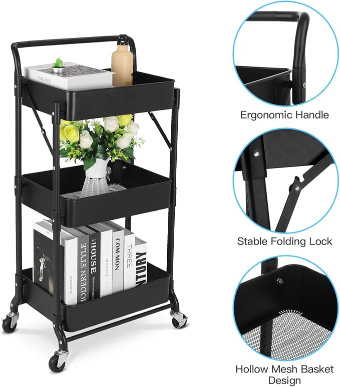 Foldable 3 Tier Metal Utility Rolling Cart, Folding Mobile Multi-Function - Image 4