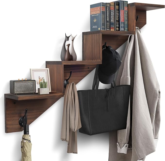 Coat Rack Wall Mount with Shelf, Wall Mounted Rise Wooden shelves - Image 9
