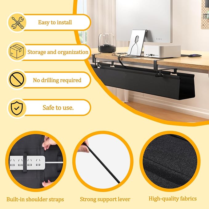 No Drill Under-Desk Cable Management Tray, Desktop Cable Organizer, Fabric - Image 3