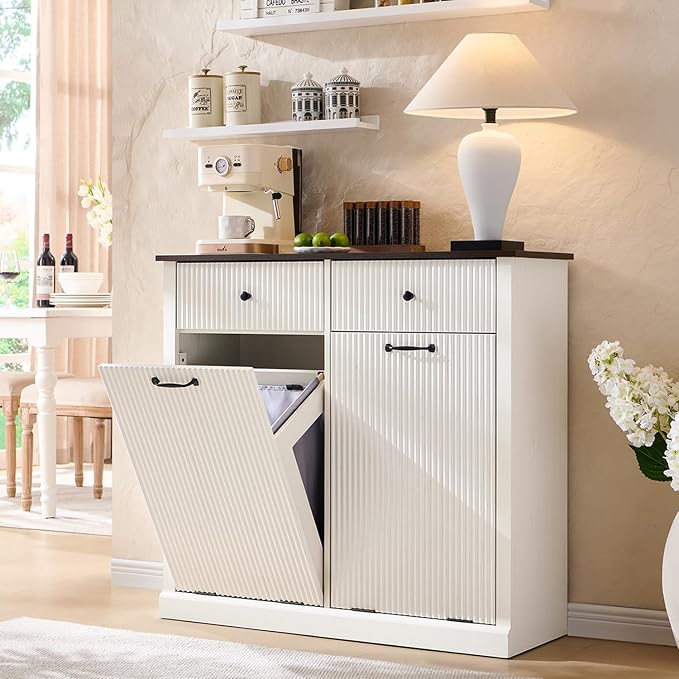 Modern Double Tilt-Out Laundry Hamper Cabinet, 20 Gallon Fluted Trash Can - Image 6