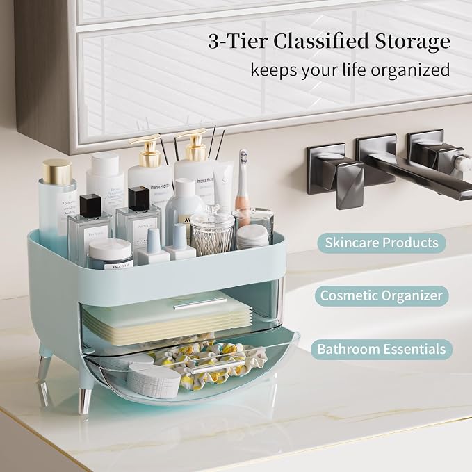 Jywantful Vanity Makeup Organizer, Mint Blue Skincare Storage - Image 2