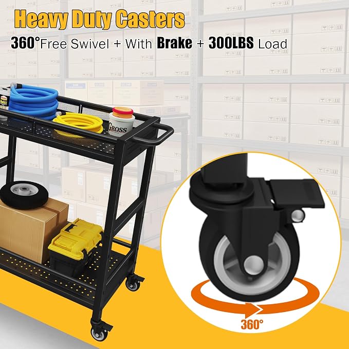 300LBS Heavy Duty Service Utility Cart on Wheels, Metal Rolling Utility Cart - Image 3
