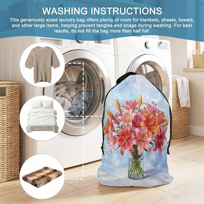 Floral XL Laundry Bag Lilies Flower in Bottle Spring Summer Machine Washable - Image 7
