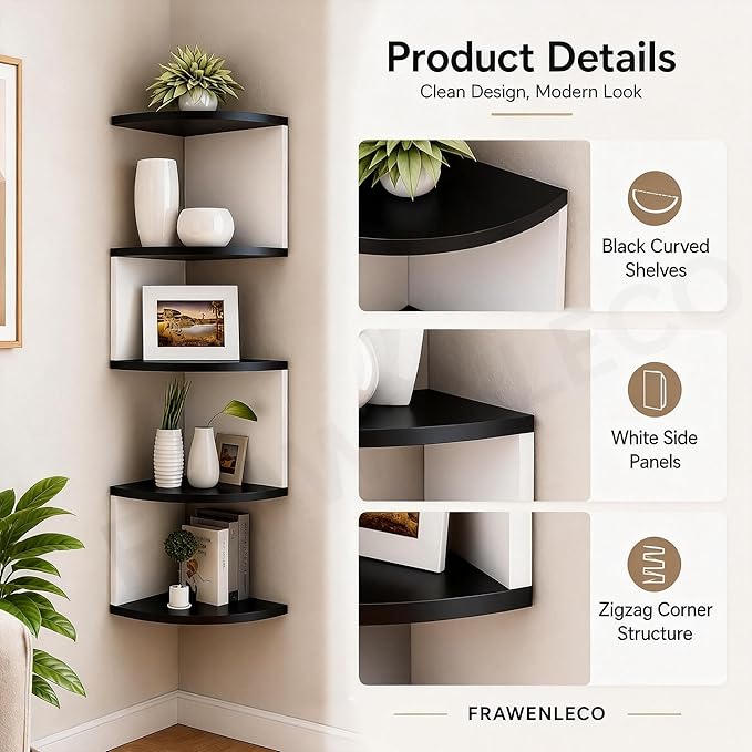No-Drill Corner Shelf Wall Mount, 5-Tier Floating Corner Bookshelf - Image 5
