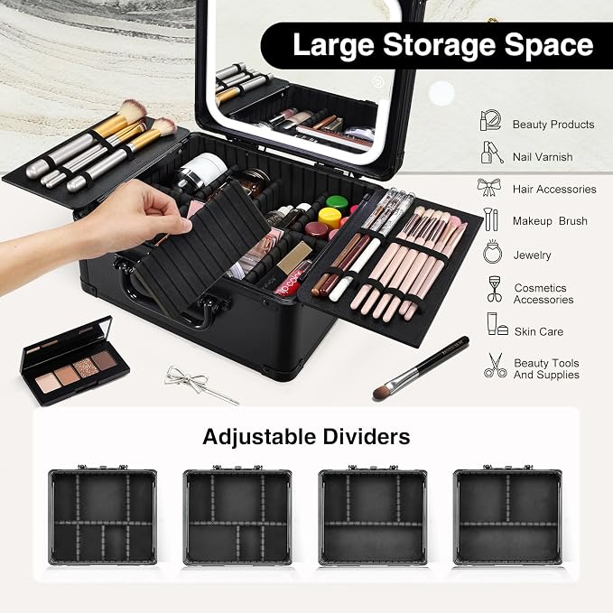 Makeup Case with Magnetic Lighted Mirror Makeup Organizer Box Travel Cosmetic - Image 7