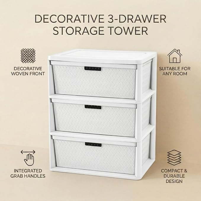 Premium Wide 3-Drawer Plastic Storage Tower, Decorative Opaque White Weave - Image 5