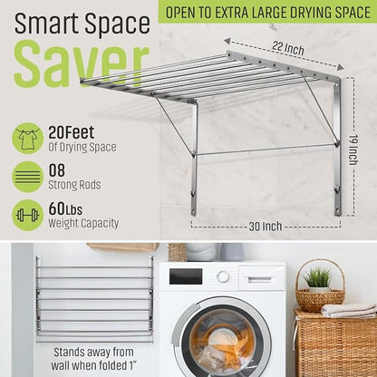 Smartsome | Wall Mounted | Clothes Drying Rack | 30" Wide | 20 Linear Feet - Image 3