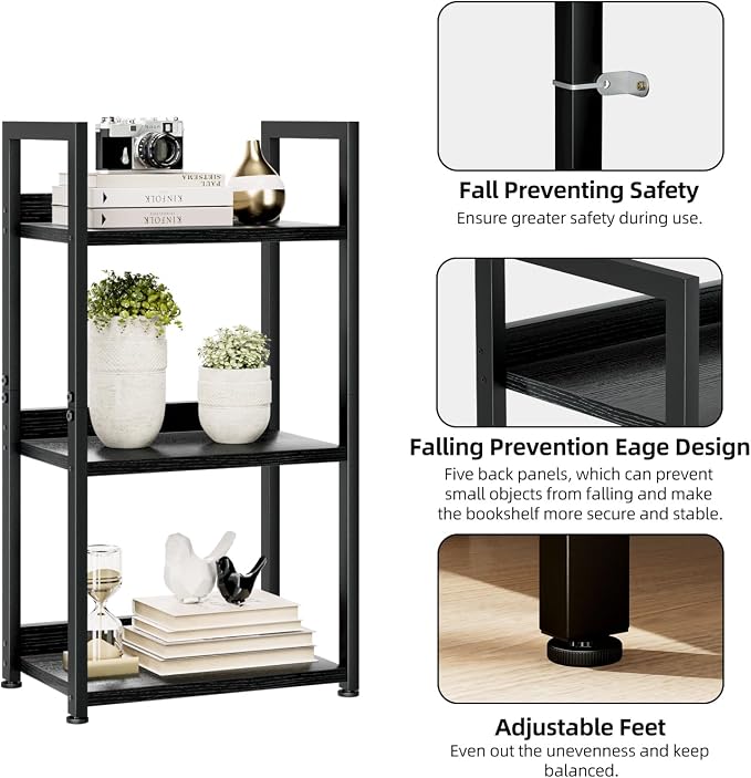 NUMENN Narrow Bookshelf, 3 Tier Freestanding Shelving Unit, Metal Frame & Wood - Image 5