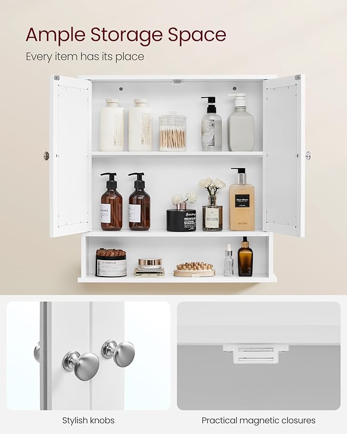 VASAGLE Bathroom Cabinet with Mirror, Wall Cabinet with 2 Mirrored Doors - Image 5