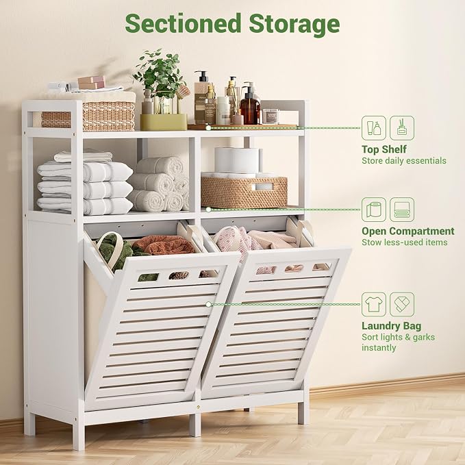 Homykic Tilt Out Laundry Hamper Cabinet, Bamboo Double Laundry Hamper - Image 6