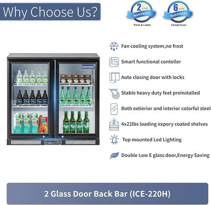 ICECASA 36" W Beverage Refrigerators 2 Glass Door Back Bar Refrigerator - Image 5