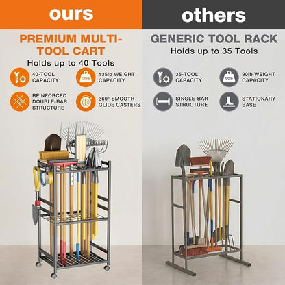 Garden Tool Organizer with Wheels, Heavy-Duty Yard Tool Rack with 3 Side Hooks - Image 5