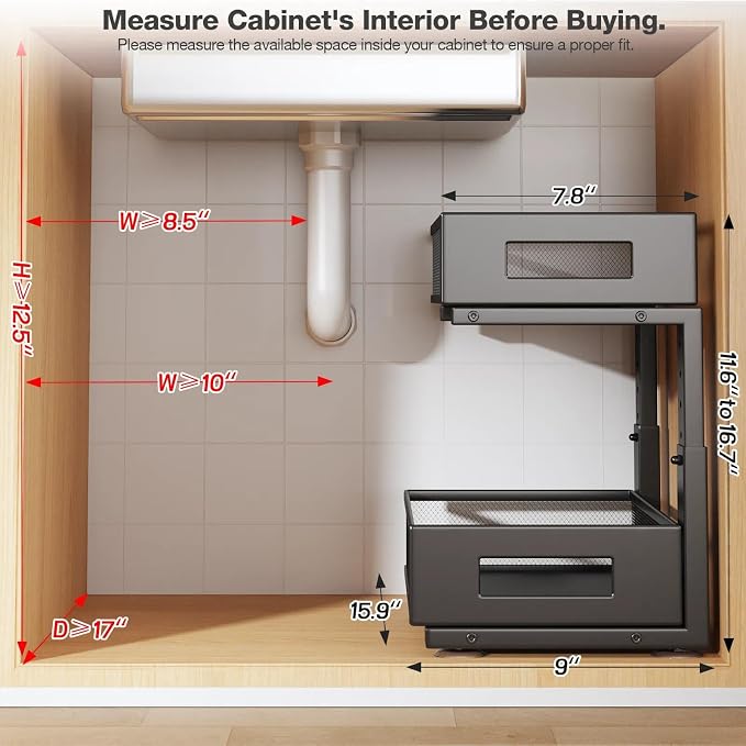 Under Sink Organizer, 2-Tier Dual Pull Out Cabinet Organizer Drawers - Image 2