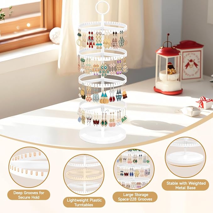MODOWEY Rotating Earring Holder Organizer Adjustable Display, 4 Tiers White | - Image 5