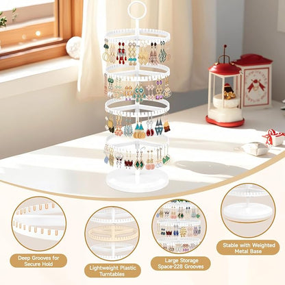 MODOWEY Rotating Earring Holder Organizer Adjustable Display, 4 Tiers White | - Image 5