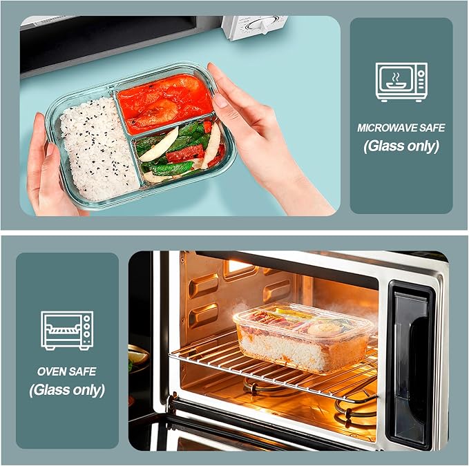 KOMUEE Glass Meal Prep Containers 3 Compartments, 5 Pack 36 oz, Glass Food - Image 3