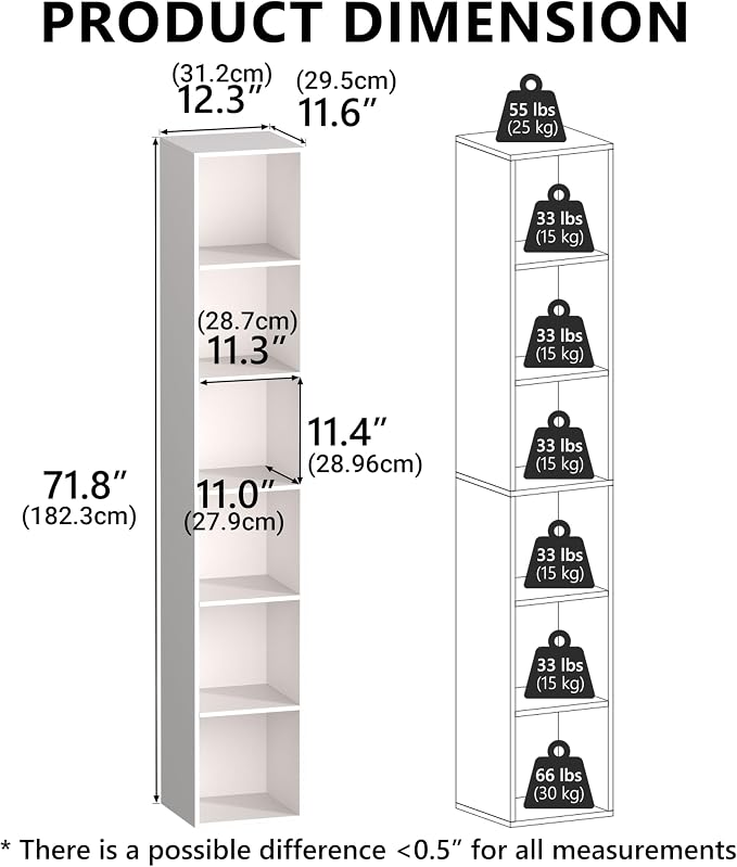 White Cube Shelf, 6 Cube Storage Organizer, 6-Tier Freestanding Low Bookshelf - Image 5