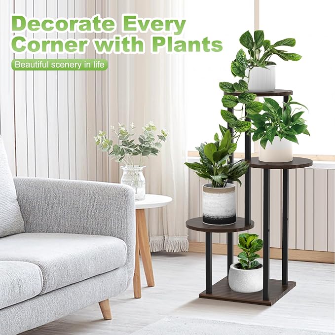 4 Tier Wood Tall Plant Stand Metal Rack Indoor, Round Planter Shelf Display - Image 4