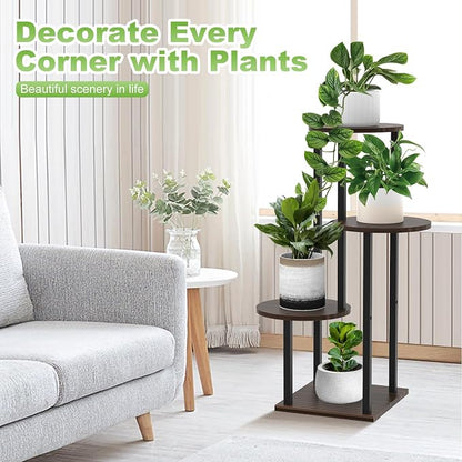 4 Tier Wood Tall Plant Stand Metal Rack Indoor, Round Planter Shelf Display - Image 4
