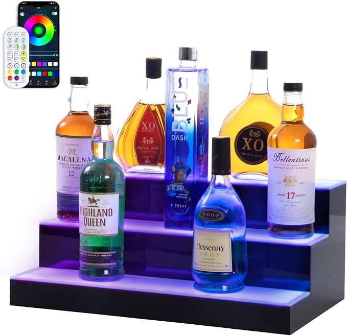 Led Lighted Liquor Bottle Display Shelf, 20 Inch 3 Tier Whiskey Rack, Support by LEEKIMID
