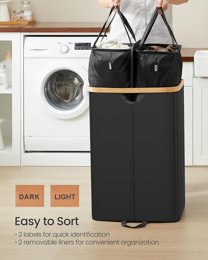 SONGMICS Laundry Hamper with Lids, Laundry Basket with 2 Compartments, 39 Gal. - Image 4