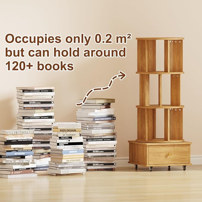 3-Tier Rotating Bookshelf with Drawers on Wheels, 360° Spinning Corner Bookcase - Image 7